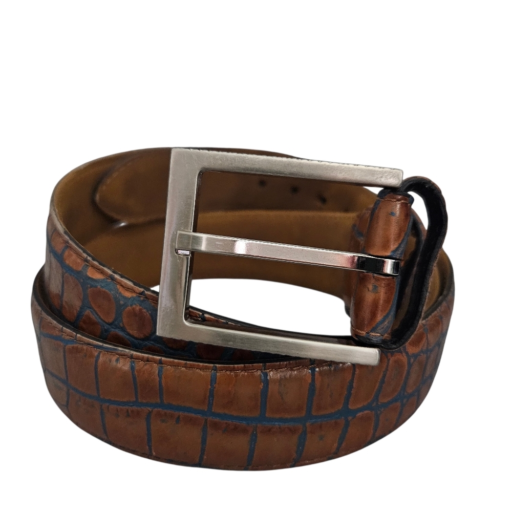 Greg‎ Norman Men's Brown Blue Croco Print Leather Belt Sz 42